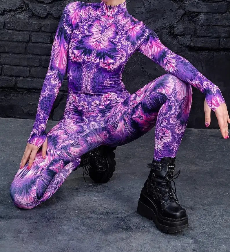 Colorful 3D Printing Women Holiday Party Cyber Punk Rainbow Jumpsuit Onesie Halloween Cosplay Costume Elastic Bodysuit Romper Festival Outfits | Techno Shirts | Rave Clothing