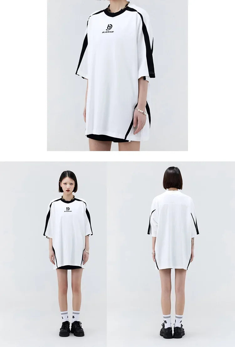 Vintage Gespleißte Schulter Kurzarm T-Shirt Männer Frauen Sommer Streetwear Oversize Paar Lose-Fit Top Rundhals Material Festival Outfits | Techno Shirts | Rave Clothing