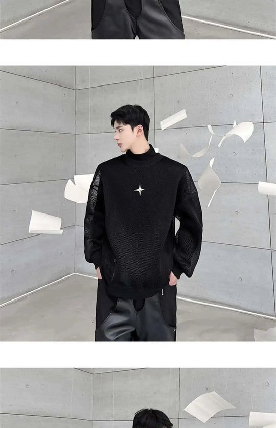 LUZHEN 2025 Frühling High Street Perspektive Original Mesh Design Pullover Herrenmode Metall Schnalle Schmücken Casual Tops LZ3027 Festival Outfits | Techno Shirts | Rave Clothing