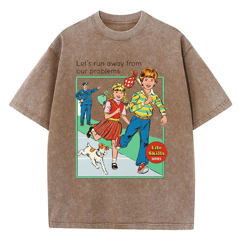 Let' Run Away From Our Problems Print Damen Distress T-Shirts Sommermode gewaschenes T-Shirt atmungsaktive T-Shirts weiche Kleidung Festival Outfits | Techno Shirts | Rave Clothing