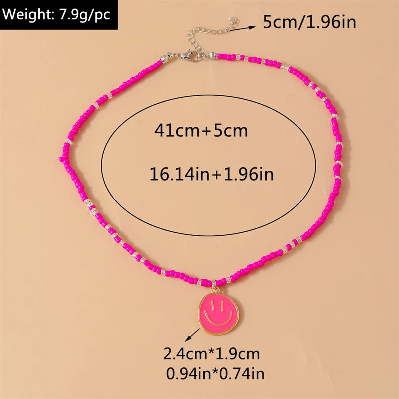 Mode Bunte Lächeln Gesicht Anhänger Halskette für Frauen Handgemachte Perlen Halskette Mädchen Party Festival Schmuck Geschenke Festival Outfits | Techno Shirts | Rave Clothing