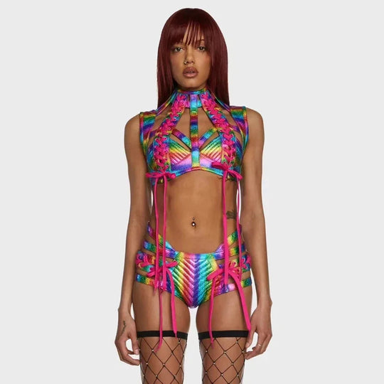 Frauen bunte Laser Bikini Anzug 6 Farben sexy Pole Dance Kleidung Bar Nachtclub DJ DS Stage Rave Outfits Gogo Kostüme Festival Outfits | Techno Shirts | Rave Clothing