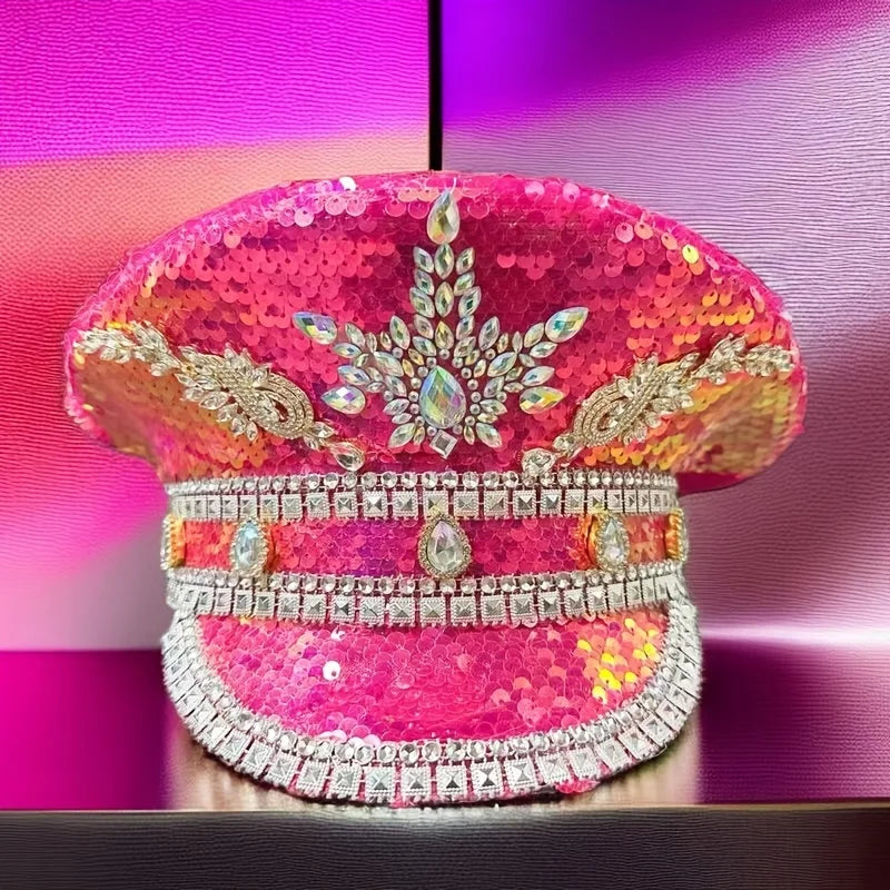 Luxury Festival Captain Hat Rhinestone Military Cap Sergeant Hat Mucis Festival Steampunk Caps for Unisex Adult Masquerade Festival Outfits | Techno Shirts | Rave Clothing